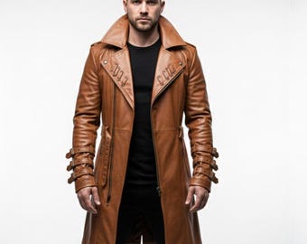 Men’s Brown Leather Trench Coat | Handmade Long Leather Steampunk Gothic Genuine for Men