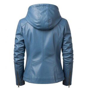 Puede incluir: Chaqueta de cuero azul con capucha, vista desde atr&aacute;s. La chaqueta tiene cierres de cremallera en las mangas y un corte entallado. El color es un azul medio.
