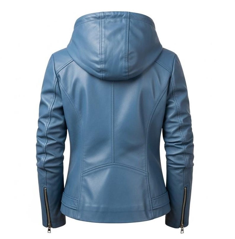 Puede incluir: Chaqueta de cuero azul con capucha, vista desde atr&aacute;s. La chaqueta tiene cierres de cremallera en las mangas y un corte entallado. El color es un azul medio.