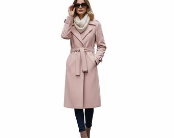 Luxury Pink Wool Trench Coat: Elegant Belted Winter Overcoat
