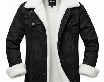 Men’s Black Sherpa Denim Jacket | Fleece Lined Winter Vintage Warm Casual Jean Jacket