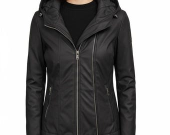 Hooded Black Vegan Leather Moto Jacket - Women's Fall Outerwear