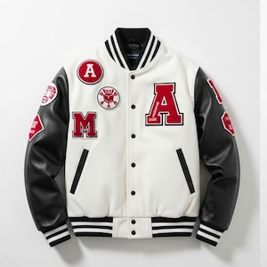 Herren Varsity Letterman Jacke - Weißer & Schwarzer Baseball Bomber mit handgemachten Aufnähern | Vintage College-Stil