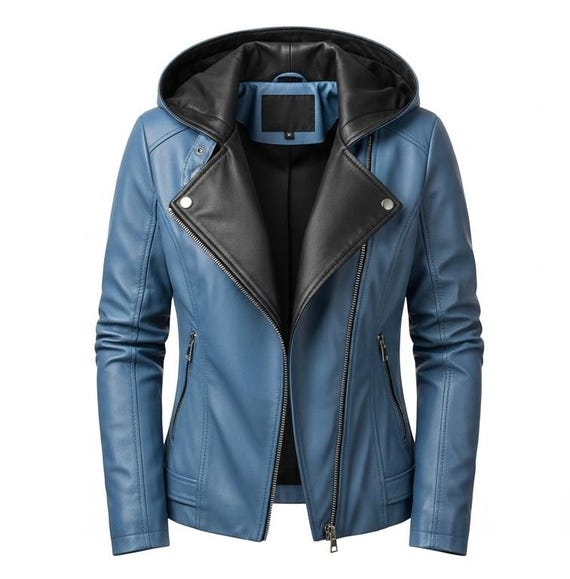 Blue Vegan Leather Moto Jacket: Women's Hooded Biker Coat