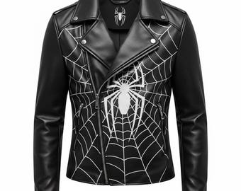 Handgemaakt zwart leren spiderjack heren bikerjack met witte webdesign custom bovenkleding