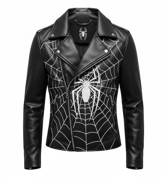 Handmade Black Leather Spider Jacket Men's Biker Jacket With White