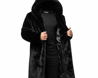 Luxury Black Faux Fur Hooded Coat: Unisex Plush Winter Overcoat