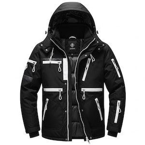 Puede incluir: Chaqueta de invierno negra con capucha, cremalleras blancas y detalles blancos. La chaqueta tiene múltiples bolsillos y un parche con el logotipo en la manga izquierda. Diseñada para el frío y actividades al aire libre.