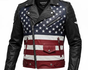 Giacca da motociclista in pelle con bandiera americana fatta a mano - Stelle e strisce