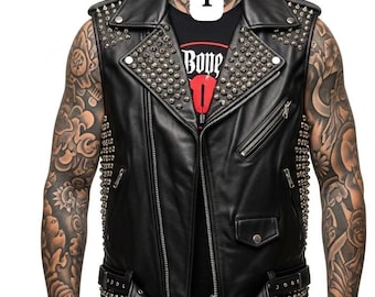 Handmade Studded Leather Biker Vest – Punk Rock Heavy Metal Men’s Rocker Moto Vest