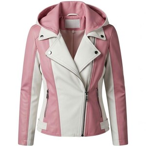 Puede incluir: Chaqueta de cuero sint&eacute;tico rosa y blanca con capucha. La chaqueta presenta una cremallera asim&eacute;trica, dos bolsillos con cremallera y solapas con muescas. Las mangas y los paneles laterales son rosas, mientras que los paneles delanteros y la capucha son blancos.