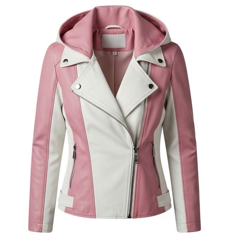 Puede incluir: Chaqueta de cuero sint&eacute;tico rosa y blanca con capucha. La chaqueta presenta una cremallera asim&eacute;trica, dos bolsillos con cremallera y solapas con muescas. Las mangas y los paneles laterales son rosas, mientras que los paneles delanteros y la capucha son blancos.