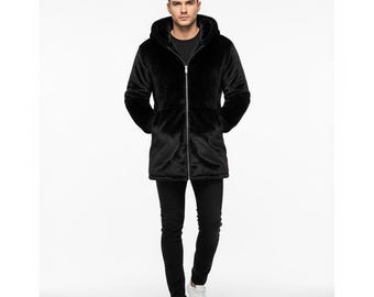 Men's Black Faux Fur Hooded Jacket: Vegan Plush Winter Coat