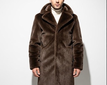 Men's Brown Faux Fur Overcoat: Luxury Vegan Winter Jacket
