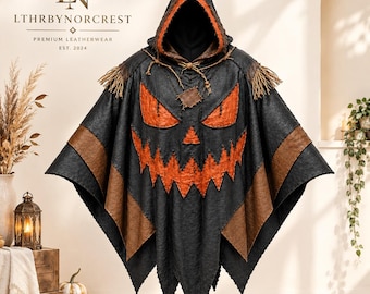 Handgjord läder Jack O'Lantern Poncho Cape, gotisk fågelskrämma kostym