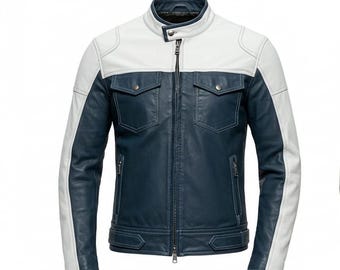 Zweifarbige Kunstleder Bikerjacke für Herren im Blau-Weiß-Racer-Stil