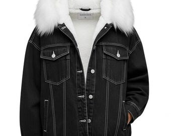 Chaqueta vaquera negra de mujer con capucha de pelo sintético blanco, estilo urbano, de forro polar.