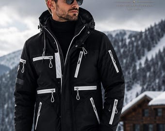 Chaqueta de esquí impermeable negra para hombre – Parka de senderismo con forro polar