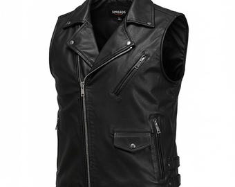 Men’s Black Leather Biker Vest: Asymmetrical Zipper, Adjustable Straps