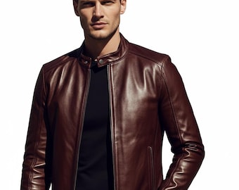 Men’s Burgundy Genuine Leather Slim Fit Biker Jacket, Classic Stand Collar Wine for Men