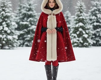 Red Hooded Winter Cape Renaissance Cosplay Cloak with Faux Fur Trim Medieval Fantasy Coat