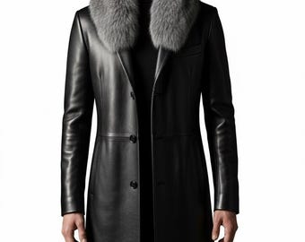 Men’s Black Long Leather Coat with Grey Fur Collar Luxury Winter Genuine Leather