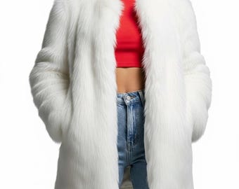 May include: A long-sleeved white faux fur coat with a collarless open front design, worn over a bright red cropped top and light blue denim jeans with distressed knee detailing. The coat features a thick, plush texture and reaches mid-thigh length.