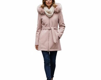 Blush Pink Faux Fur Hooded Winter Coat: Suede-Look Belted Jacket