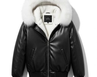 Herren Schwarze Kunstleder Bomberjacke: Shearling gefüttert, Weiße Pelzkapuze