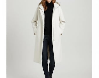 Winter White Wool Blend Coat – Minimalist Long Hooded Overcoat