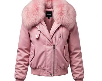 Chaqueta bomber rosa con cuello de piel sintética: abrigo softshell de invierno para mujer