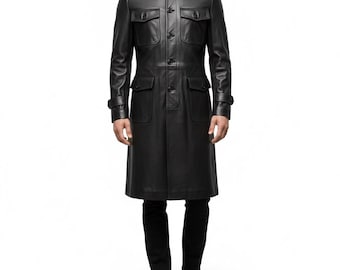 Men's Black Genuine Leather Trench Coat | Military Style Overcoat
