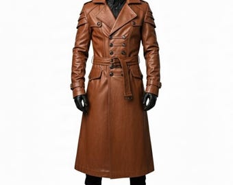 Men’s Long Brown Leather Trench Coat – Vintage Double-Breasted Full-Length Belted Jacket | Handmade Genuine Leather