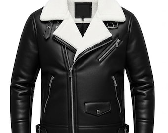 May include: Black leather jacket with a white faux fur collar and lining. The jacket features a diagonal zipper closure, multiple zippered pockets, and adjustable buckles at the waist and cuffs. A classic outerwear piece.