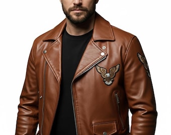 Handmade Brown Leather Biker Jacket for Men Eagle Patch Motorcycle Custom Vintage Moto Outerwear