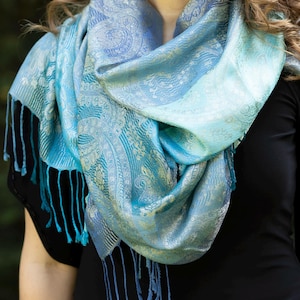 100% Silk Jacquard Shawl, Elegant Scarf for Formal Events & Special Occasions, Blue Tones Woven Foulard, Invitation Accessory, gift for her.