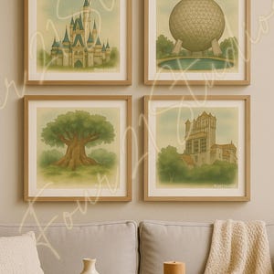 Op Disney geïnspireerde 4-pack vintage aquarel muurkunst | Decoratie Magisch Koninkrijk | Digitale download | Four21 Studios