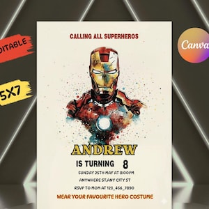 Editable Iron Man birthday invitation template with bold superhero design, perfect for boys’ parties. Instant download digital card that’s easy to customize with your child’s details. Superhero party invite ideal for Cricut or home printing. Fun, modern kids party template brings Marvel-inspired excitement to any celebration, making your child’s birthday unforgettable with heroic style.