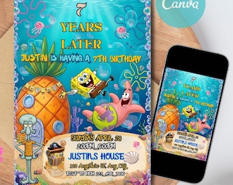 Cartoon Sponge Birthday Invitation |SpongeBob Birthday Invitation |Editable Kids Party Template |Under the Sea Party (Digital Download)