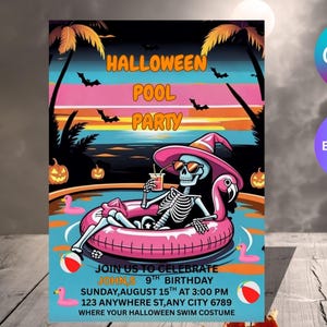 Bewerkbare Ghost Pool Party-uitnodiging, Halloween Pool Bash kinderkostuum, bewerkbare Summerween-uitnodiging voor zwembadfeest.