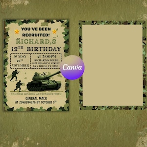 Puede incluir: Una invitación de cumpleaños con temática militar y borde de camuflaje. La invitación incluye el texto "¡Has sido reclutado!" y detalles del evento, incluido el nombre "Richard, S" y la fecha. Se ilustran un tanque y soldados.