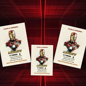 Editable Iron Man birthday invitation template with bold superhero design, perfect for boys’ parties. Instant download digital card that’s easy to customize with your child’s details. Superhero party invite ideal for Cricut or home printing. Fun, modern kids party template brings Marvel-inspired excitement to any celebration, making your child’s birthday unforgettable with heroic style.