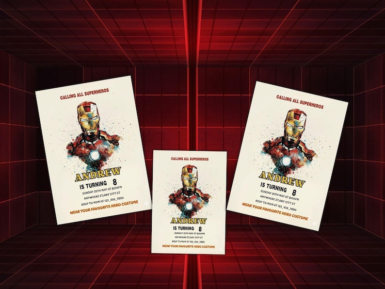 Editable Iron Man birthday invitation template with bold superhero design, perfect for boys’ parties. Instant download digital card that’s easy to customize with your child’s details. Superhero party invite ideal for Cricut or home printing. Fun, modern kids party template brings Marvel-inspired excitement to any celebration, making your child’s birthday unforgettable with heroic style.