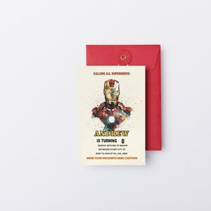 Editable Iron Man birthday invitation template with bold superhero design, perfect for boys’ parties. Instant download digital card that’s easy to customize with your child’s details. Superhero party invite ideal for Cricut or home printing. Fun, modern kids party template brings Marvel-inspired excitement to any celebration, making your child’s birthday unforgettable with heroic style.