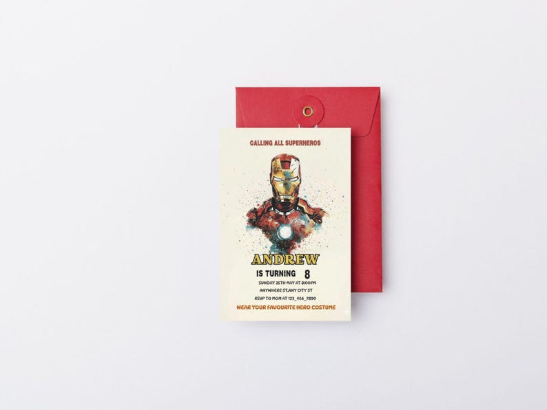 Editable Iron Man birthday invitation template with bold superhero design, perfect for boys’ parties. Instant download digital card that’s easy to customize with your child’s details. Superhero party invite ideal for Cricut or home printing. Fun, modern kids party template brings Marvel-inspired excitement to any celebration, making your child’s birthday unforgettable with heroic style.