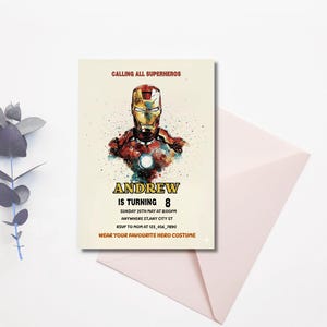 Editable Iron Man birthday invitation template with bold superhero design, perfect for boys’ parties. Instant download digital card that’s easy to customize with your child’s details. Superhero party invite ideal for Cricut or home printing. Fun, modern kids party template brings Marvel-inspired excitement to any celebration, making your child’s birthday unforgettable with heroic style.
