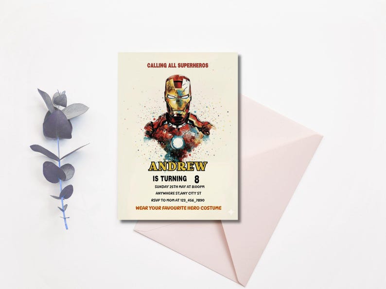 Editable Iron Man birthday invitation template with bold superhero design, perfect for boys’ parties. Instant download digital card that’s easy to customize with your child’s details. Superhero party invite ideal for Cricut or home printing. Fun, modern kids party template brings Marvel-inspired excitement to any celebration, making your child’s birthday unforgettable with heroic style.