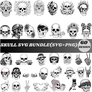 May include: A collection of 60 skull designs in black and white. The skulls are decorated with various accessories, including flowers, headphones, sunglasses, and hats. The text "SKULL SVG BUNDLE (SVG+PNG) 60 DESIGN" is displayed.