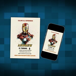 Editable Iron Man birthday invitation template with bold superhero design, perfect for boys’ parties. Instant download digital card that’s easy to customize with your child’s details. Superhero party invite ideal for Cricut or home printing. Fun, modern kids party template brings Marvel-inspired excitement to any celebration, making your child’s birthday unforgettable with heroic style.