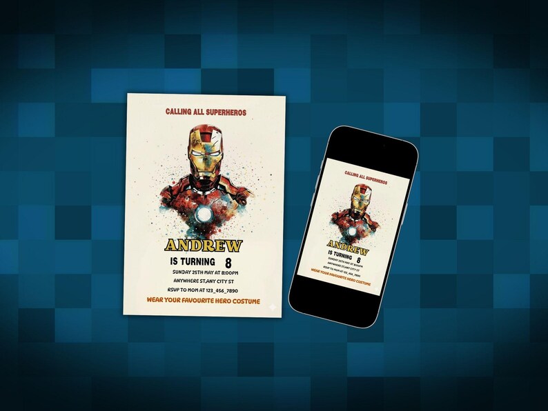 Editable Iron Man birthday invitation template with bold superhero design, perfect for boys’ parties. Instant download digital card that’s easy to customize with your child’s details. Superhero party invite ideal for Cricut or home printing. Fun, modern kids party template brings Marvel-inspired excitement to any celebration, making your child’s birthday unforgettable with heroic style.